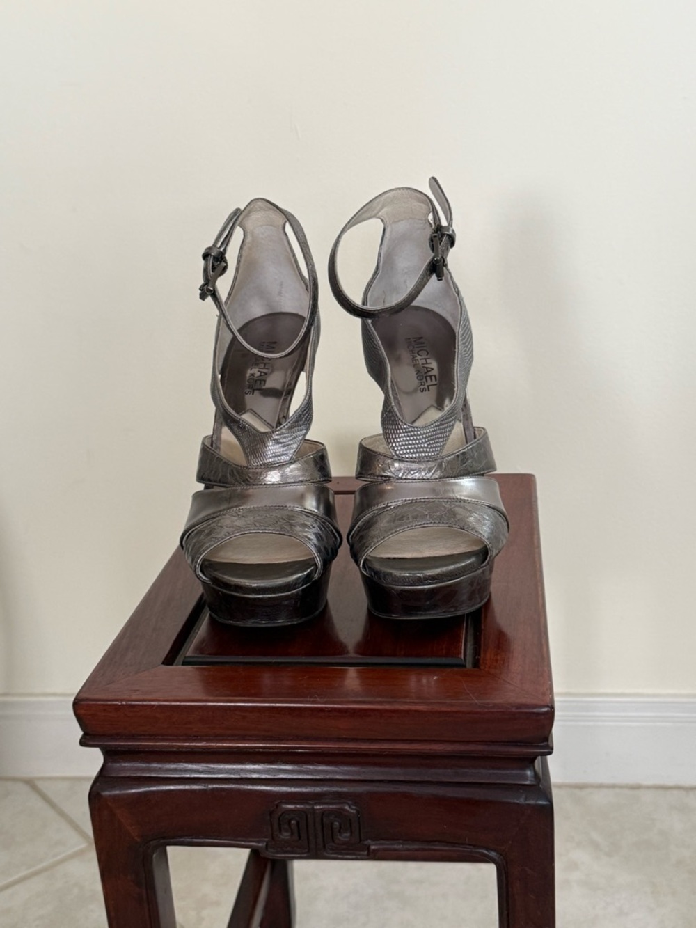 Michael Kors Silver Metallic Platform Ankle Strap Heels